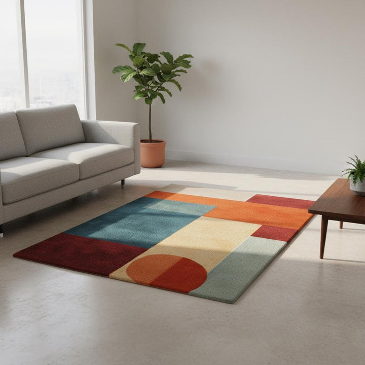 Translation missing: es.Abstract geometric rug with teal and orange mid century modern design and plush pile carpet