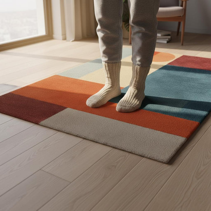 Translation missing: es.Abstract geometric rug with teal and orange mid-century modern design and plush pile carpet
