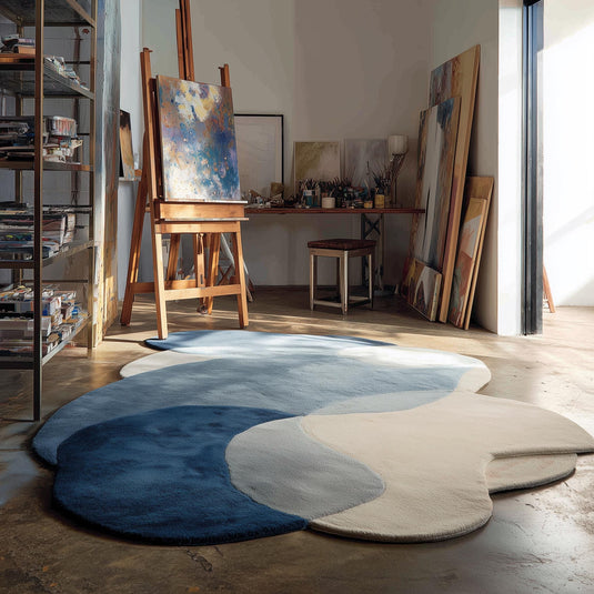 Translation missing: es.Abstract pebble rug with blue and beige freeform shape and plush cut pile surface
