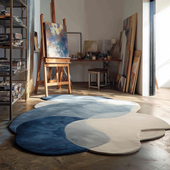 Translation missing: es.Abstract pebble rug with blue and beige freeform shape and plush cut pile surface