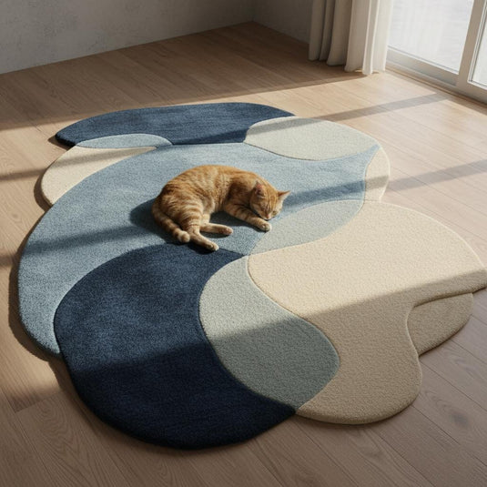 Translation missing: es.Abstract pebble rug in blue and beige with freeform organic shape and plush cut pile surface