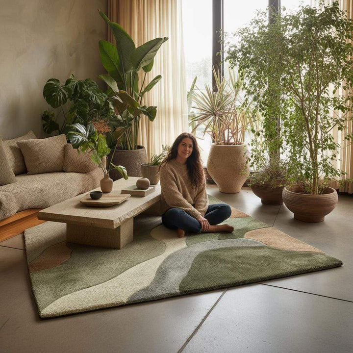 Translation missing: es.Abstract Sculpted Area Rug: Earth-Tone Olive &amp; Sage, High-Low Texture