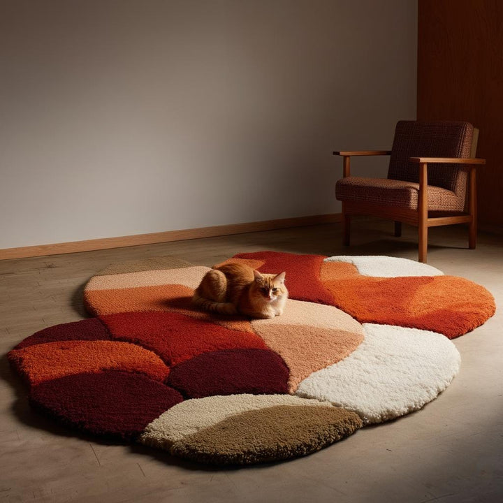 Translation missing: es.Abstract shag rug with organic curved edges in warm terracotta and earthy tones for modern boho living room decor