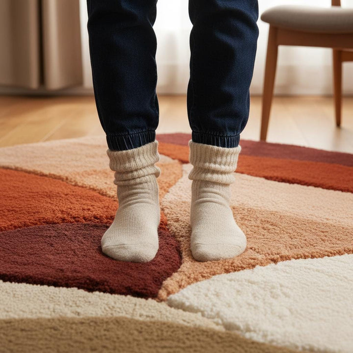 Translation missing: es.Abstract Shag Rug with irregular organic shape and warm terracotta tones for modern living room decor