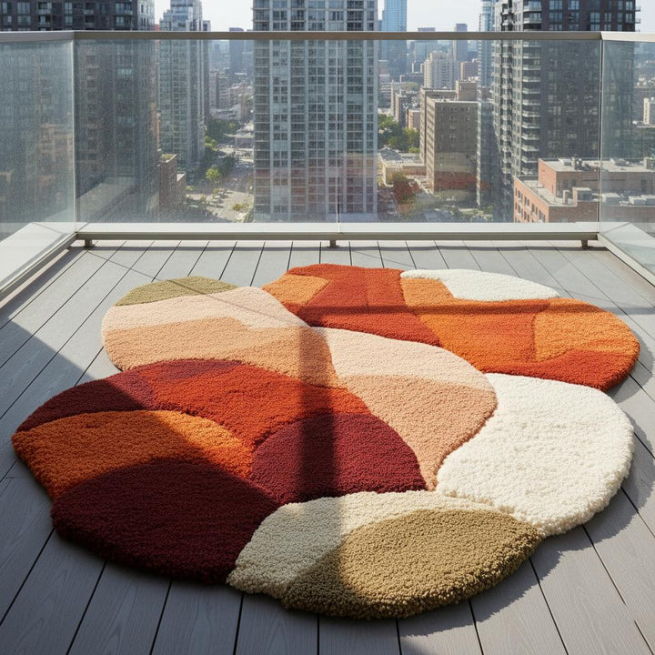 Translation missing: es.Abstract shag rug with irregular curved edges in terracotta and earthy tones, modern patchwork carpet for living room decor