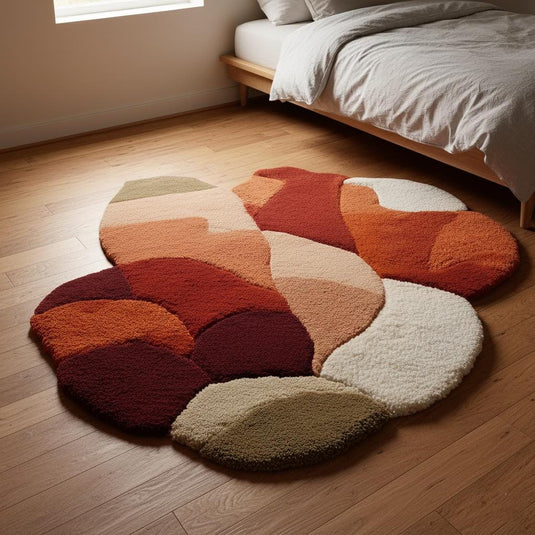 Translation missing: es.Abstract shag rug with irregular organic edges in terracotta, rust, burgundy, cream, and brown tones for boho living room decor