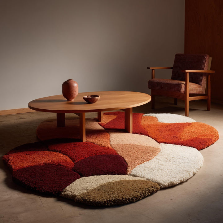 Translation missing: es.Abstract Shag Rug with irregular shape, plush pile, and warm terracotta tones for modern bohemian living room decor