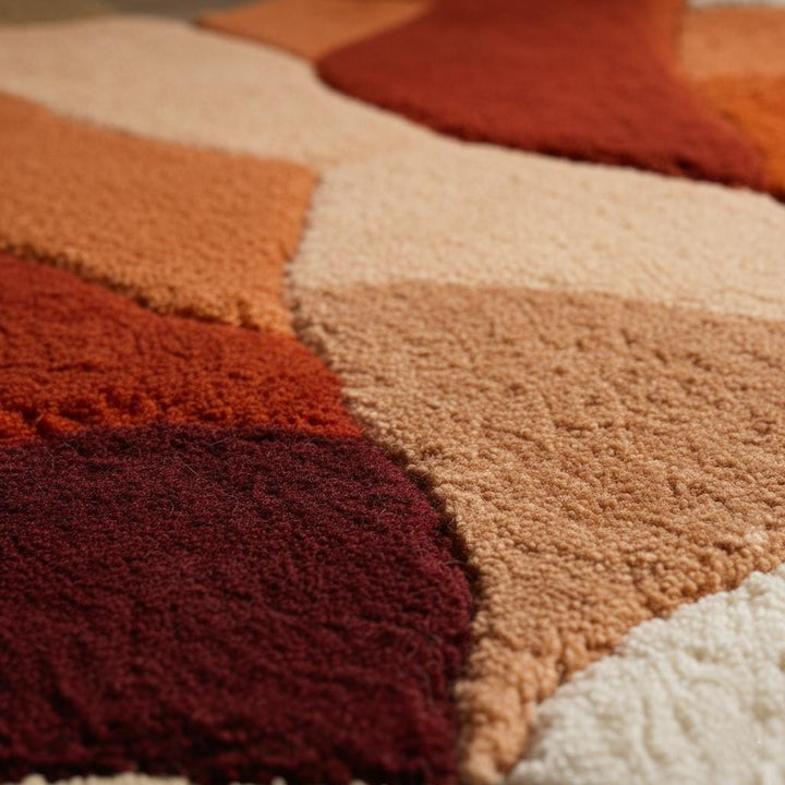 Translation missing: es.Abstract Shag Rug with irregular shape and warm terracotta tones in modern boho living room decor