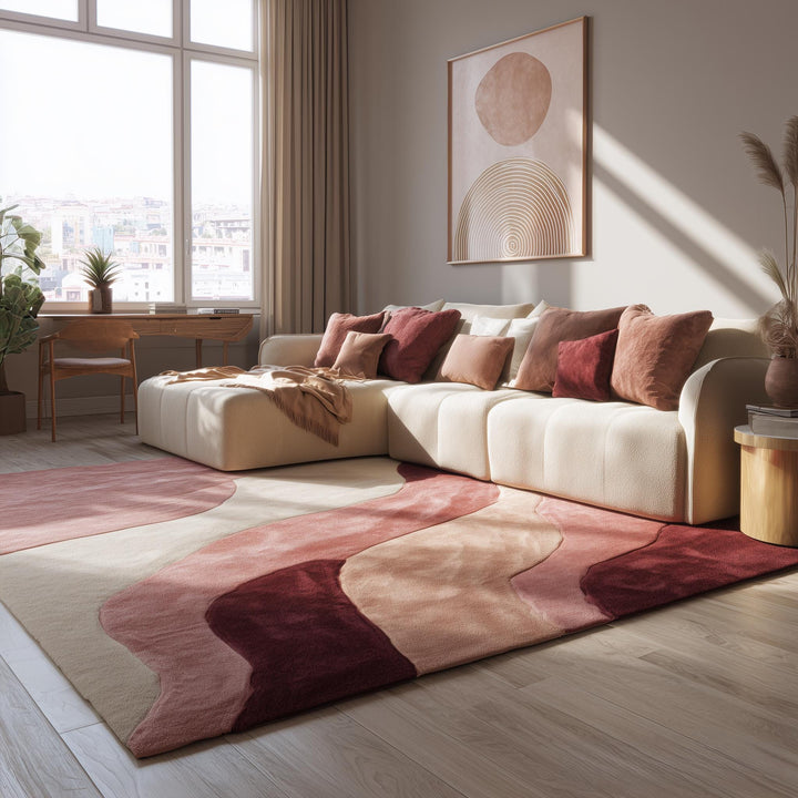 Translation missing: es.Abstract wavy area rug in burgundy, blush, and cream with plush cut pile and organic wave pattern, 9x12 living room carpet by MOSSHAVENLOVE