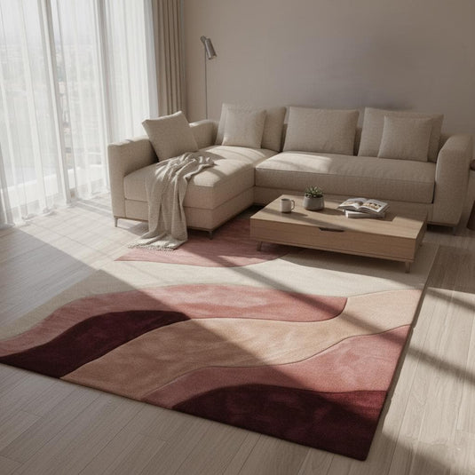 Translation missing: es.Abstract wavy area rug in burgundy, blush, and cream with plush cut pile and organic wave pattern for living room decor