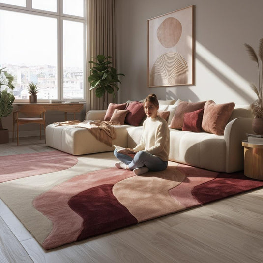 Translation missing: es.Abstract wavy area rug with burgundy, blush, and cream tones in a 9x12 plush cut pile design for living rooms
