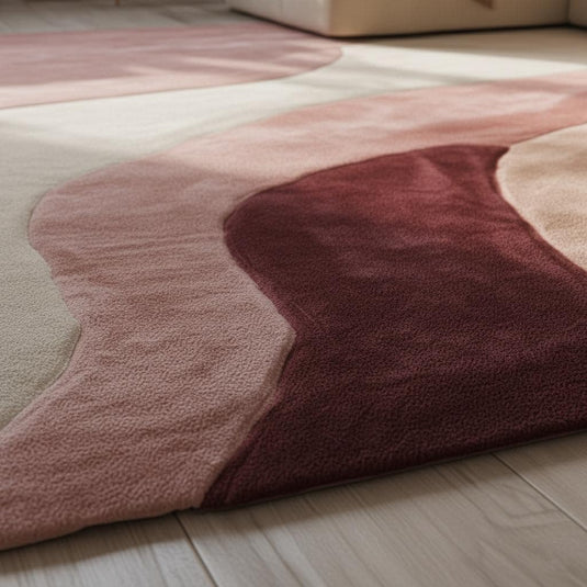 Translation missing: es.Abstract wavy area rug in burgundy, blush, and cream with plush cut pile and organic wave pattern, 9x12 living room carpet by MOSSHAVENLOVE
