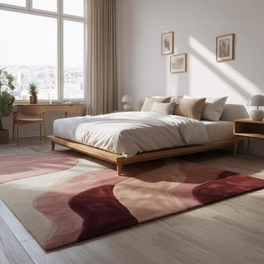 Translation missing: es.Abstract wavy area rug in burgundy, blush, and cream with plush cut pile and organic wave pattern, 9x12 living room carpet by MOSSHAVENLOVE