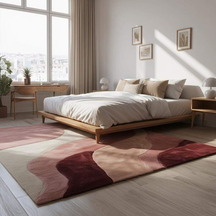 Translation missing: es.Abstract wavy area rug in burgundy, blush, and cream with plush cut pile and organic wave pattern, 9x12 living room carpet by MOSSHAVENLOVE