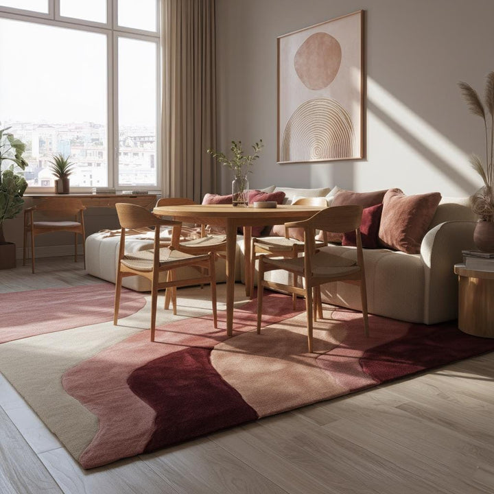 Translation missing: es.Abstract wavy area rug in burgundy blush and cream with plush cut pile and organic wave pattern for living room decor