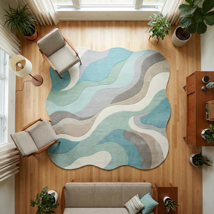 Translation missing: es.Abstract wavy rug with organic shape in soothing aqua, beige, and grey tones, soft plush texture, mid century and Scandinavian style carpet