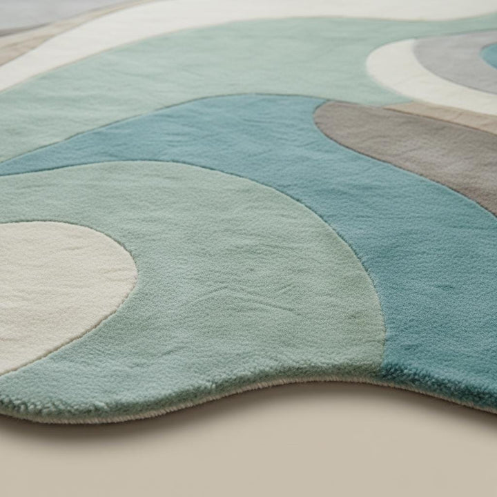 Translation missing: es.Abstract Wavy Rug in mid century style with soft plush texture and organic shape in calming aqua and beige tones