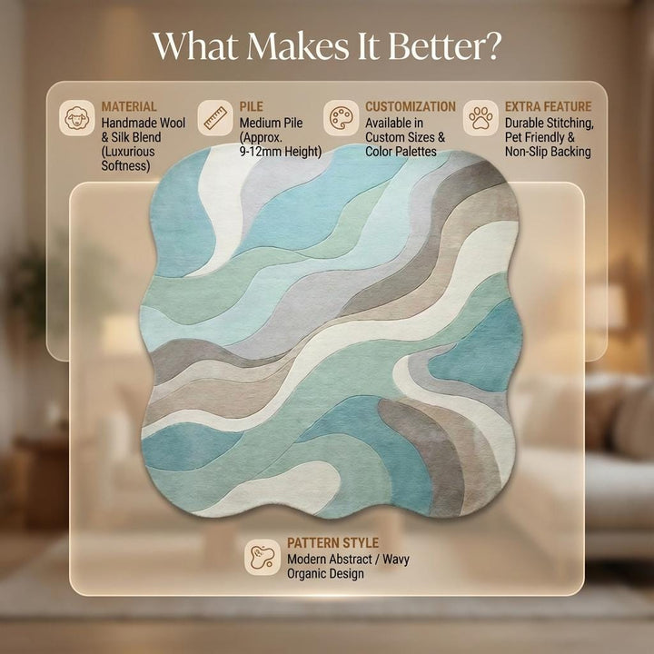 Translation missing: es.Abstract wavy rug with organic shape in aqua, beige, sage, cream, and grey tones, soft plush texture, mid-century and Scandinavian style blend