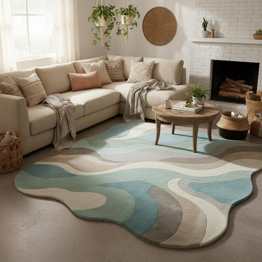 Translation missing: es.Abstract wavy rug with organic shape and soft plush texture in mid-century and Scandinavian style colors