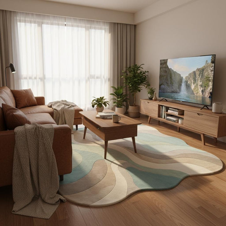 Translation missing: es.Abstract wavy rug with organic shape and soft plush texture in muted aqua, beige, sage, cream, and grey tones