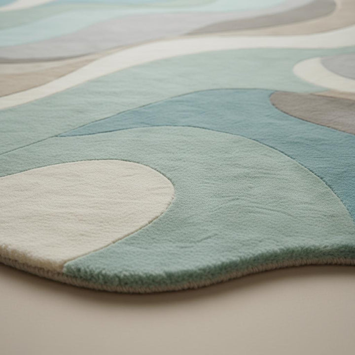 Translation missing: es.Abstract Wavy Rug with organic shape and soft plush texture in soothing aqua, beige, sage, cream, and grey tones