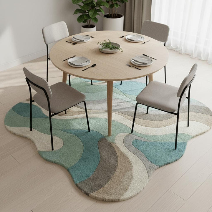 Translation missing: es.Abstract wavy rug with organic shape in soothing aqua, beige, sage, cream, and grey tones, soft plush texture, mid century Scandinavian style carpet