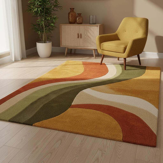 Translation missing: es.Hand tufted abstract wool rug with retro geometric pattern and organic curves in warm earthy tones