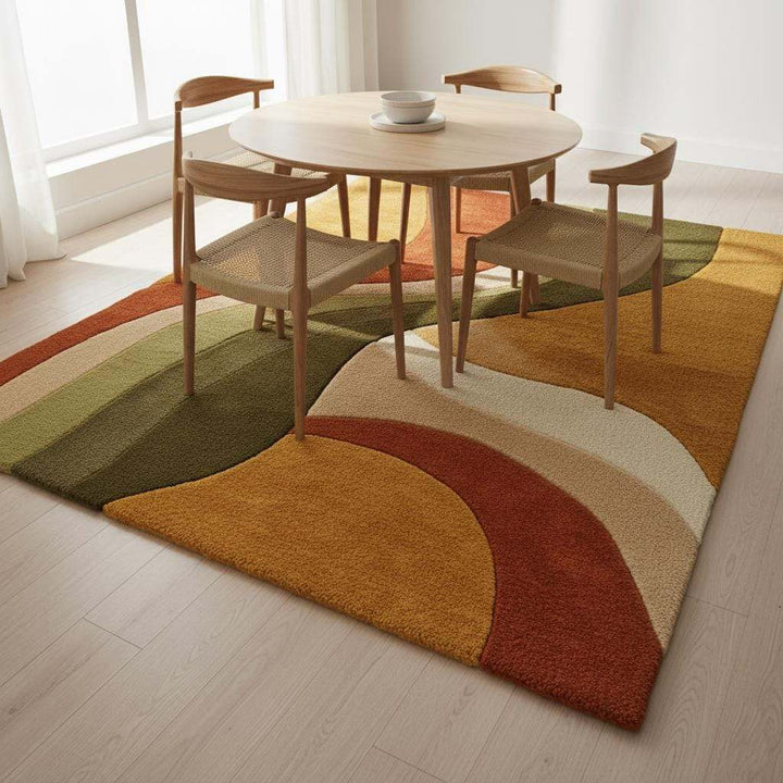 Translation missing: es.Abstract wool rug with retro geometric pattern and organic curves in warm earthy tones