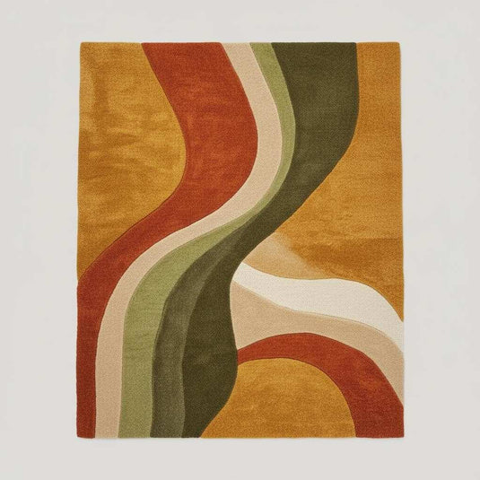 Translation missing: es.Abstract wool rug with retro geometric pattern and organic curves in warm earthy tones