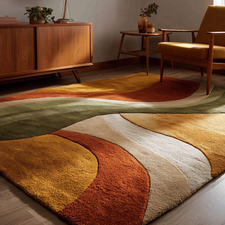 Translation missing: es.Hand tufted abstract wool rug with retro geometric pattern and organic curves in warm earthy tones