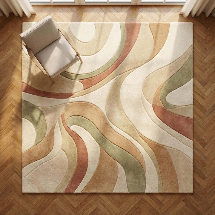 Translation missing: es.Abstract area rug hand-tufted wool with cream, sage, and terracotta wave design for modern living room decor