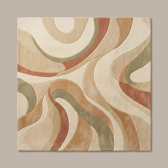 Translation missing: es.Abstract Area Rug Hand Tufted Wool High Pile Carpet, Modern Neutral Living Room Rug, Cream Sage Terracotta Wave Design Home Decor