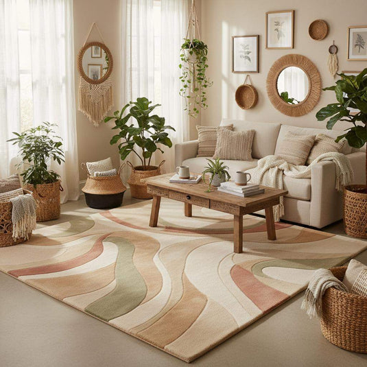 Translation missing: es.Modern abstract area rug placed in living room interior, neutral color palette complementing wood floors and minimal furniture