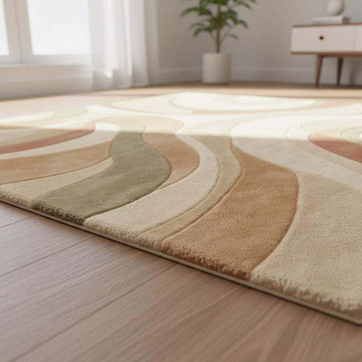Translation missing: es.Abstract Area Rug Hand Tufted Wool High Pile Carpet, Modern Neutral Living Room Rug, Cream Sage Terracotta Wave Design Home Decor
