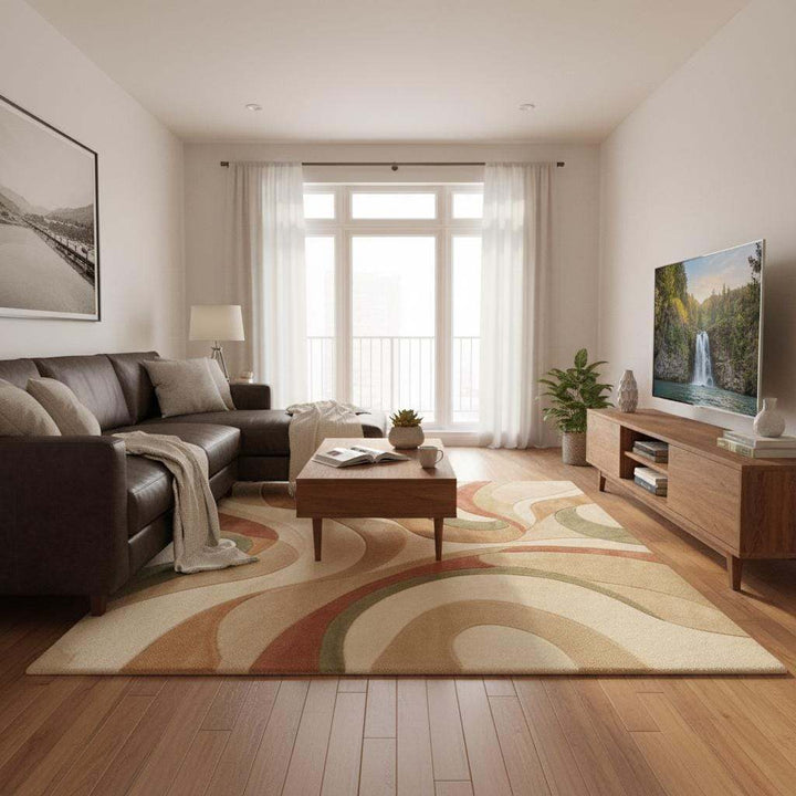 Translation missing: es.Handmade tufted wool rug craftsmanship showing carved high pile texture and smooth abstract pattern transitions