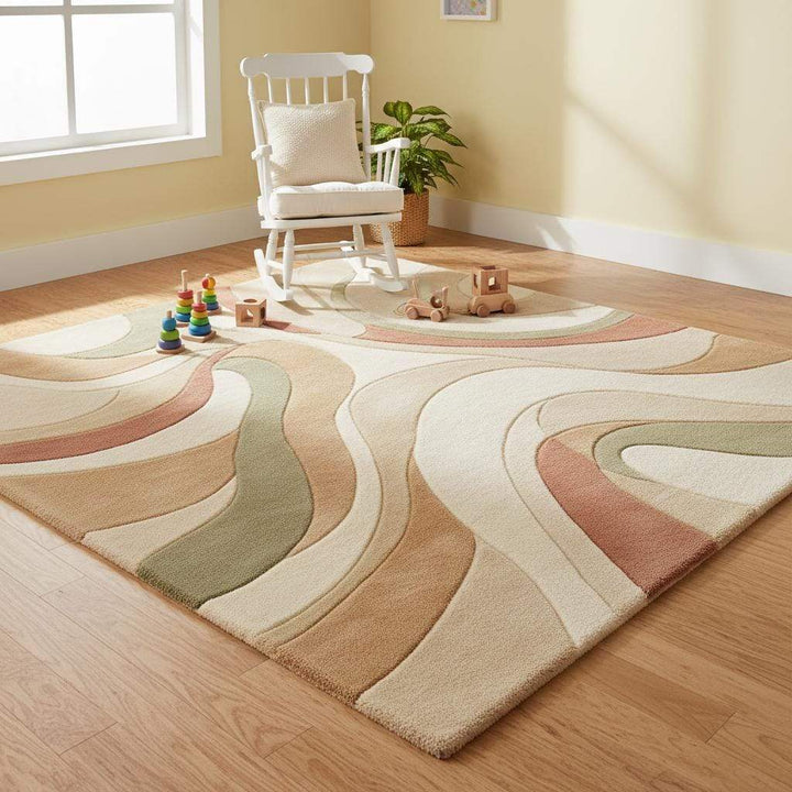 Translation missing: es.Neutral abstract wool rug highlighting soft cream base with sage green and warm terracotta accents for modern home decor