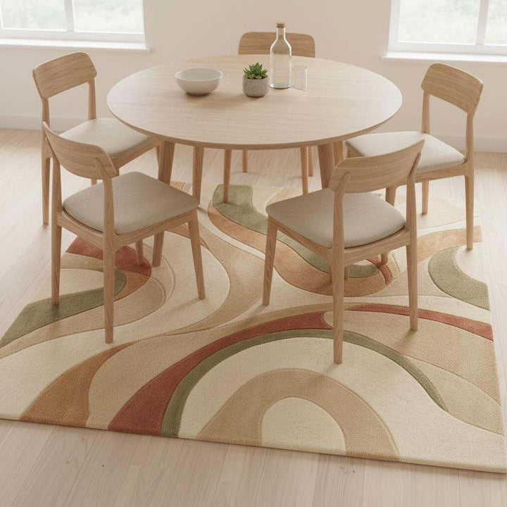 Translation missing: es.Abstract Area Rug Hand Tufted Wool High Pile Carpet, Modern Neutral Living Room Rug, Cream Sage Terracotta Wave Design Home Decor