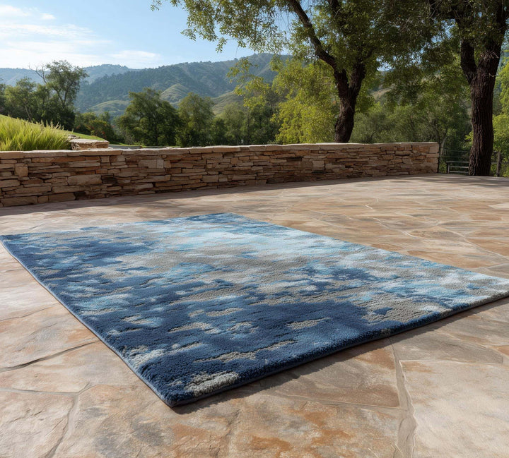 Translation missing: es.Modern handmade tufted blue and gray wool rug with abstract floral design, 6x9 area size, handcrafted for elegant home decor