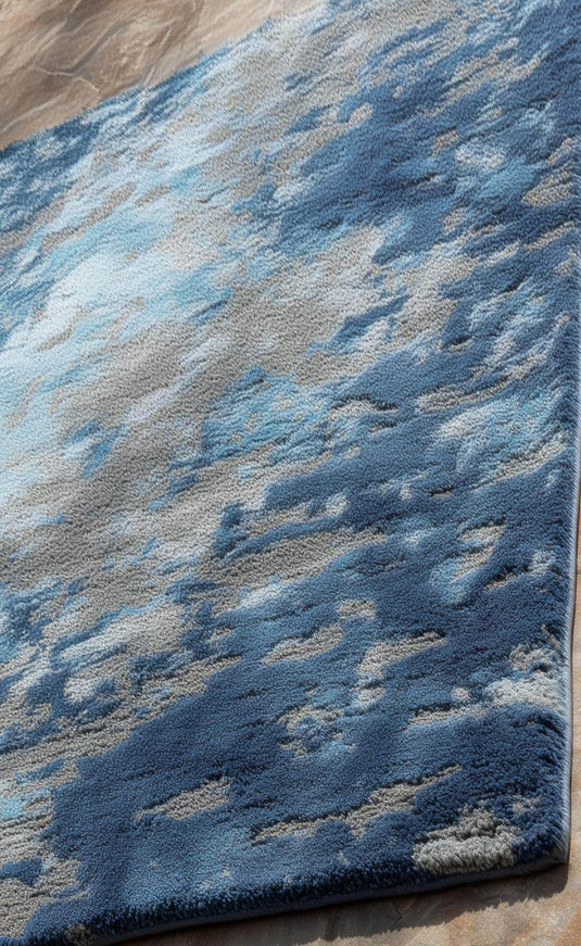 Translation missing: es.Modern Handmade Tufted Rug in deep navy blue with abstract floral design, rectangular 6x9 wool area rug