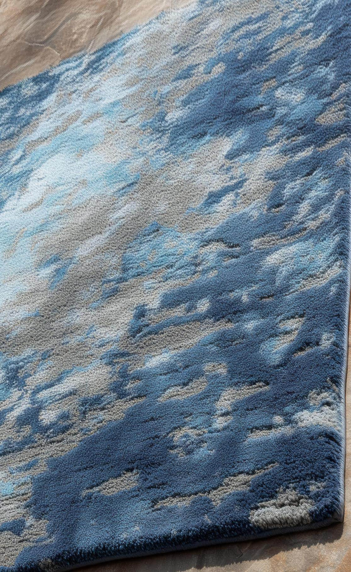Translation missing: es.Modern Handmade Tufted Rug in deep navy blue with abstract floral design, rectangular 6x9 wool area rug