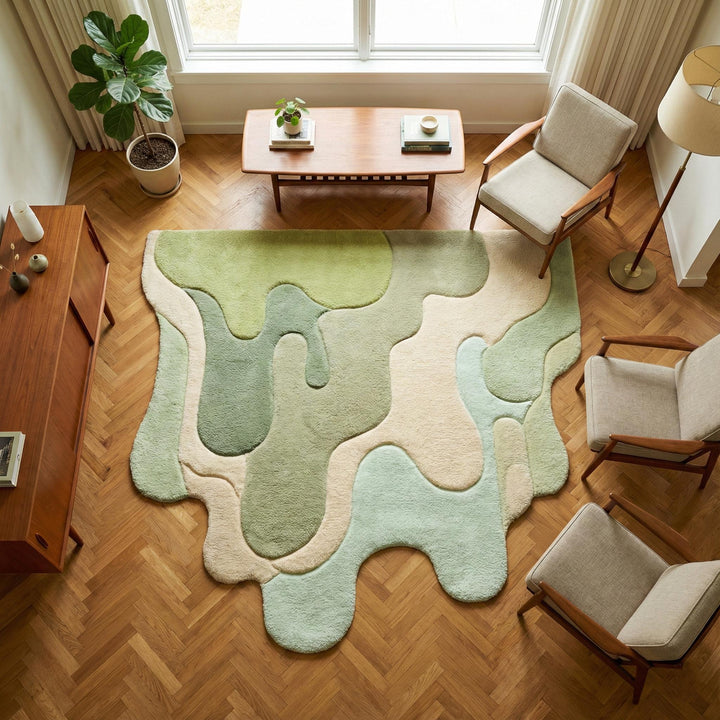 Translation missing: es.Abstract green melting rug with irregular tufted organic shape in modern design colors