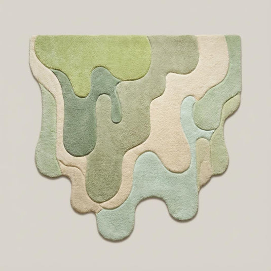 Translation missing: es.Modern irregular shape tufted rug featuring flowing abstract design in green and beige, aesthetic statement carpet for contemporary interiors
