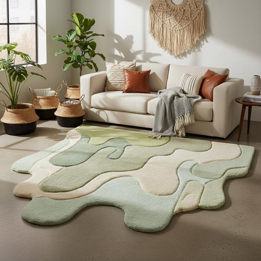 Translation missing: es.Organic shape abstract rug inspired by nature, soft high pile melting rug in sage green and mint for designer home décor