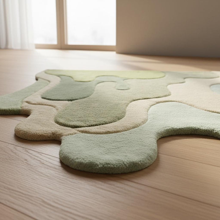 Translation missing: es.Abstract Green Melting Rug, Irregular Tufted Area Rug, Modern Organic Carpet