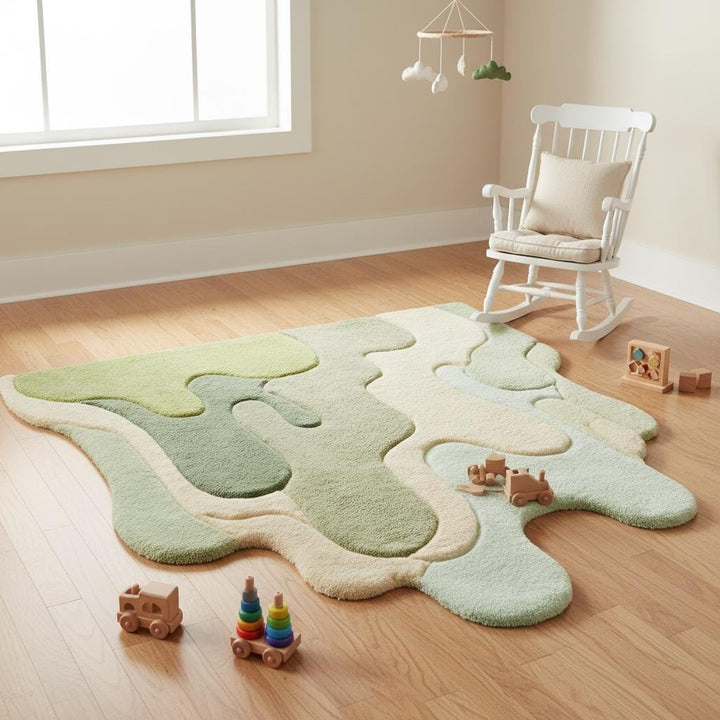 Translation missing: es.Designer abstract rug with organic flowing pattern, sage green tufted area rug creating a bold statement floor décor