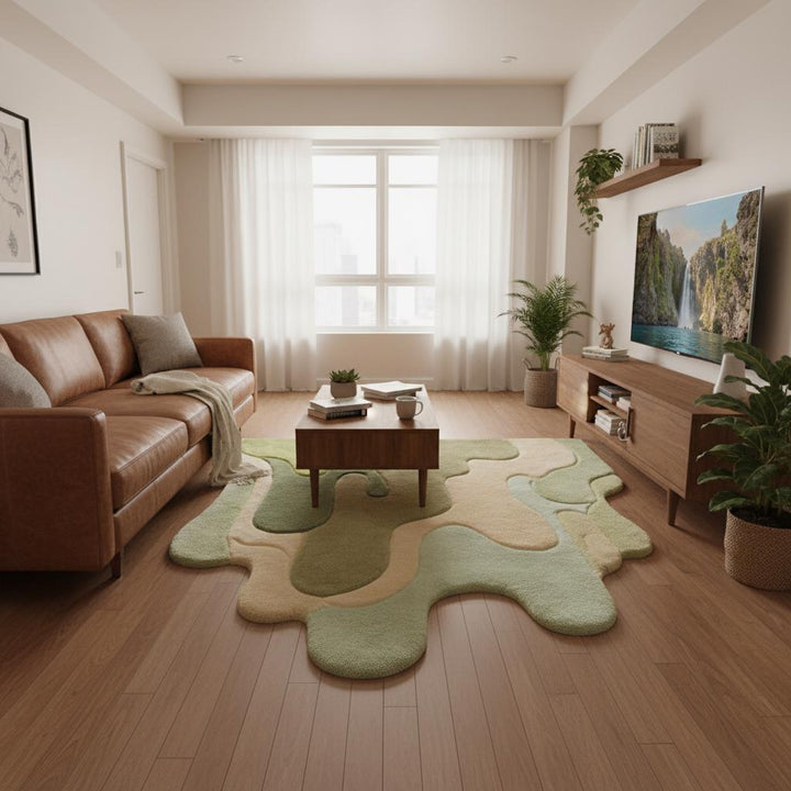 Translation missing: es.Hand tufted abstract area rug with sculptural curves and layered green tones, modern artistic rug for living room or bedroom
