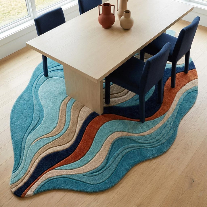 Translation missing: es.Abstract Hand Tufted Wool Rug, Organic Modern Wave Rug for Living Room, Sculpted Blue Area Carpet __etsy:8054088577
