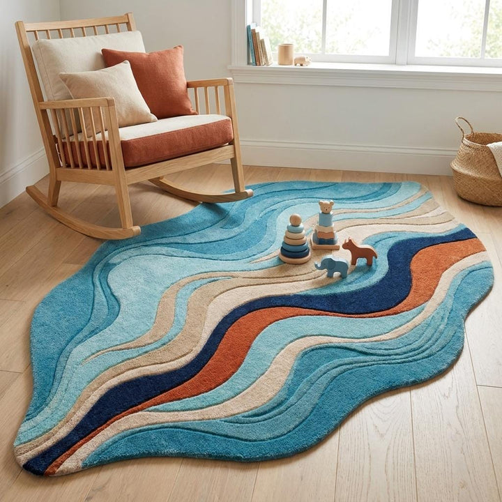 Translation missing: es.Abstract Hand Tufted Wool Rug, Organic Modern Wave Rug for Living Room, Sculpted Blue Area Carpet __etsy:8054088581