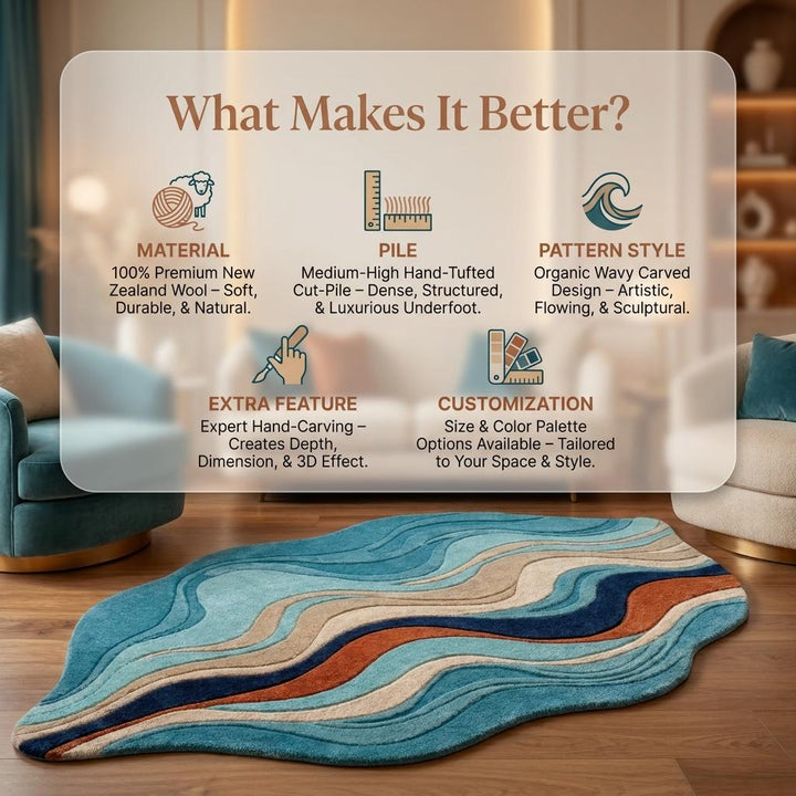 Translation missing: es.Abstract Hand Tufted Wool Rug, Organic Modern Wave Rug for Living Room, Sculpted Blue Area Carpet __etsy:8054088593