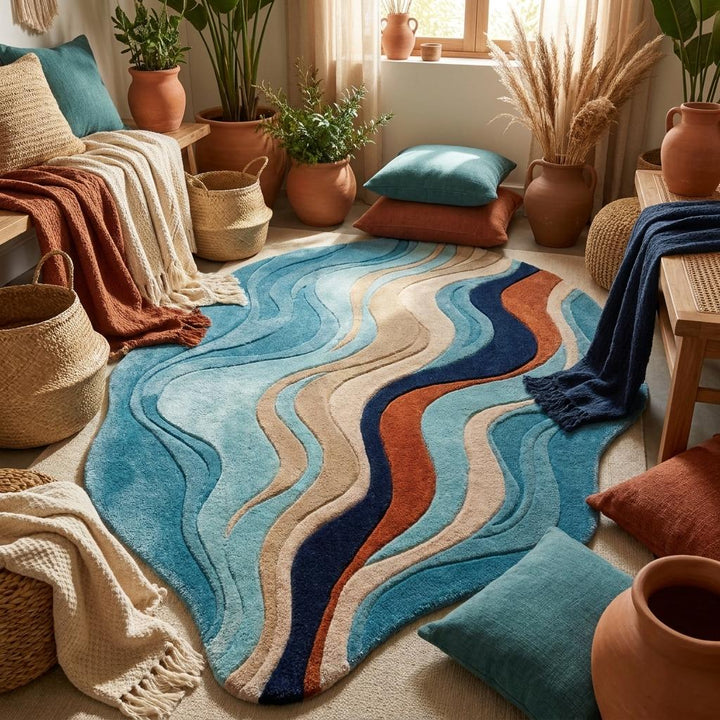 Translation missing: es.Contemporary hand tufted carpet with layered blue and rust curves adding movement and texture to minimalist home decor __etsy:8006170470